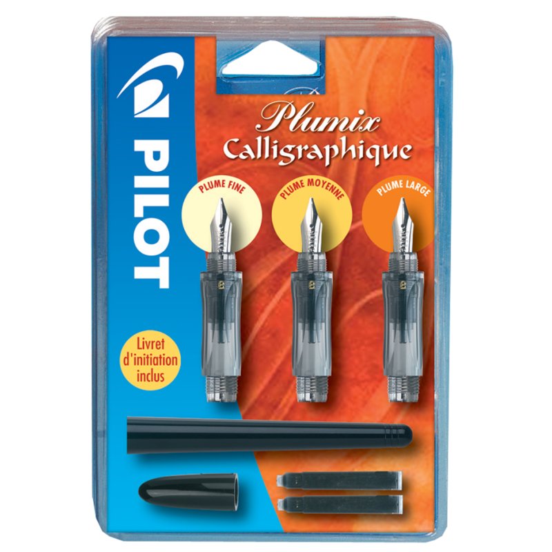 PILOT stylo calligraphique Plumix, ensemble 3 pièces, 3 pointes, 2 cartouches d'encre noir